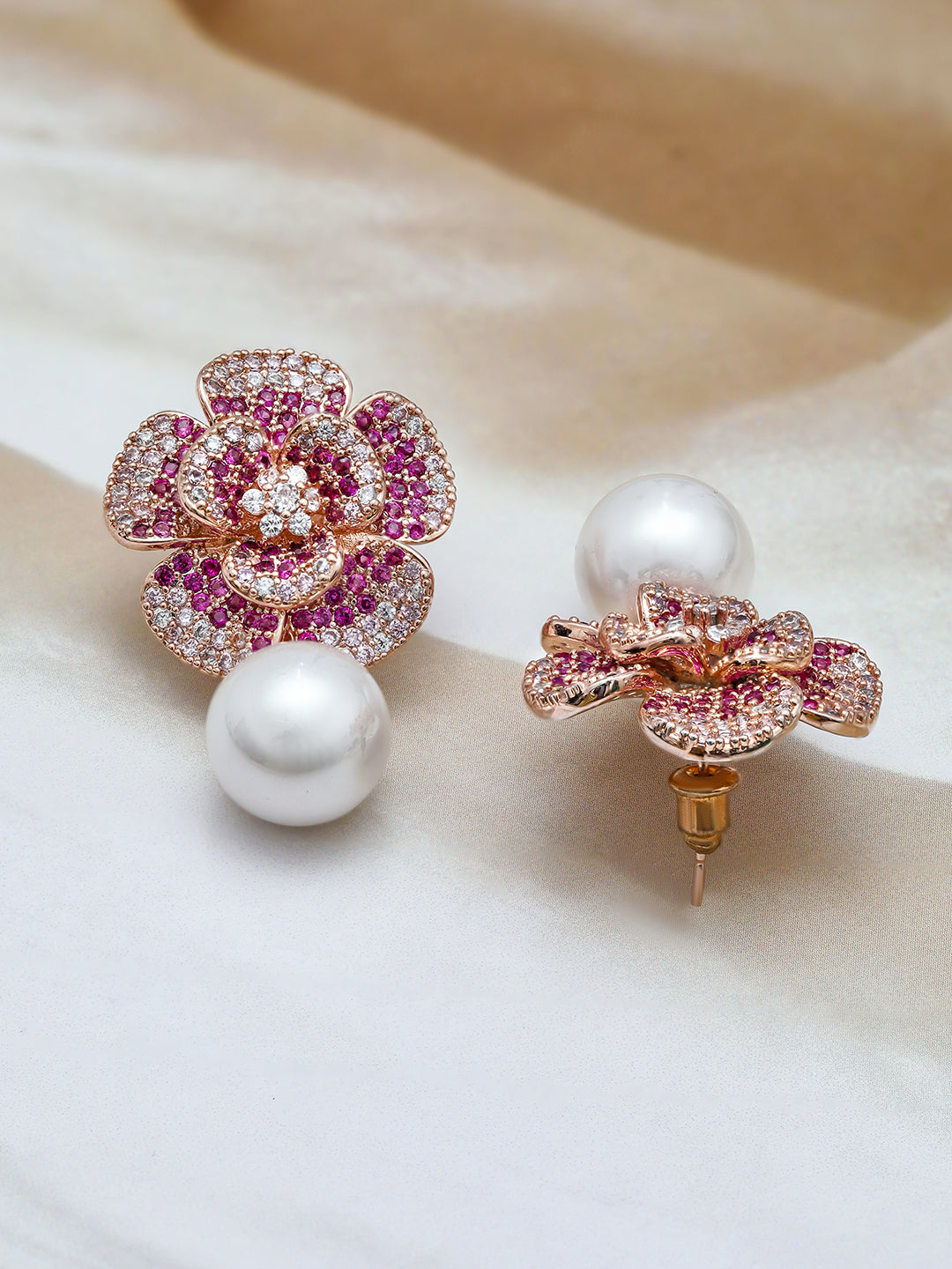 Delicate American Diamond Zirconia Flower Pearl Earrings Rose Gold