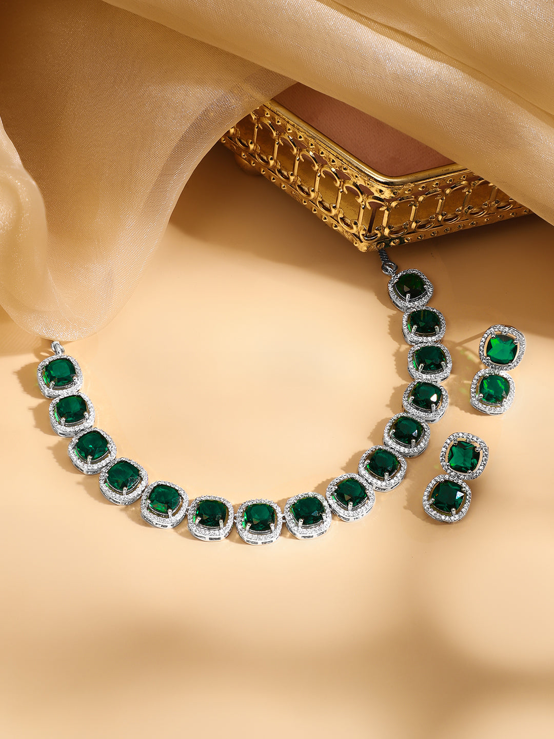 American Diamond Zirconia Emerald Necklace Set フリーサイズ