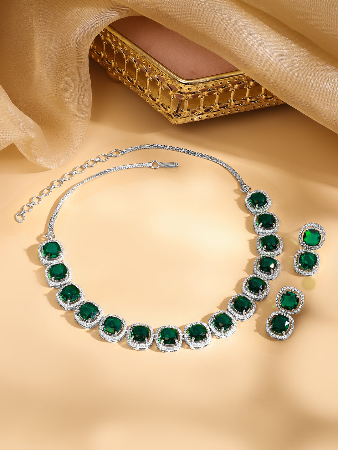 American Diamond Zirconia Emerald Necklace Set フリーサイズ