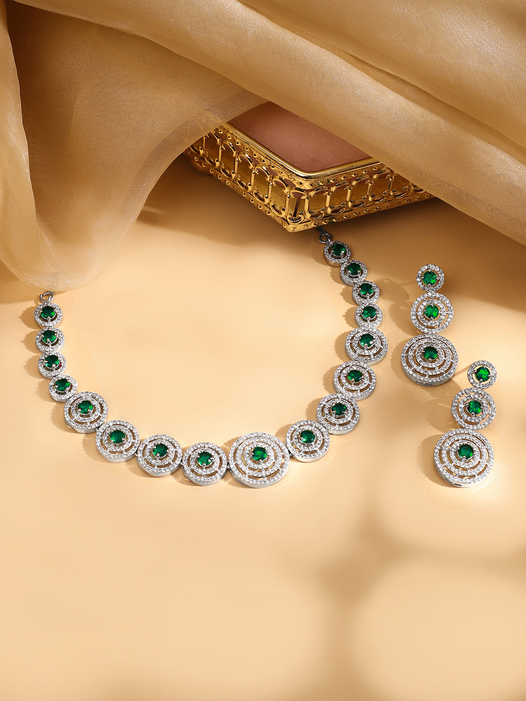 Rubans Rhodium Plated Emerald Green Zircons Studded Jewellery Set フリーサイズ