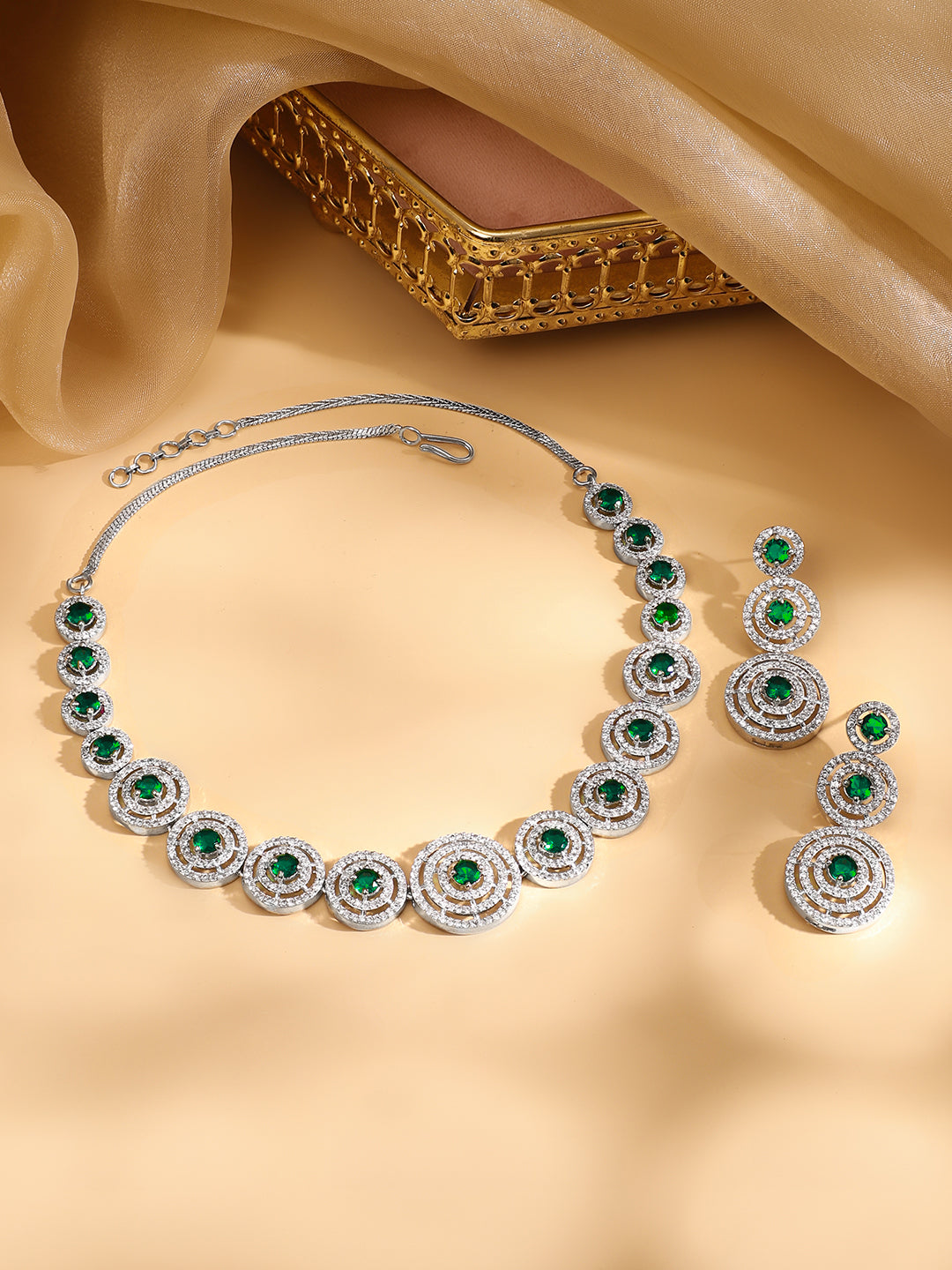 Rubans Rhodium Plated Emerald Green Zircons Studded Jewellery Set フリーサイズ