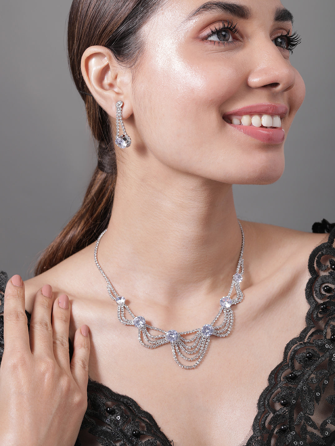Layered Necklace Set in American Diamond Zirconia Silver