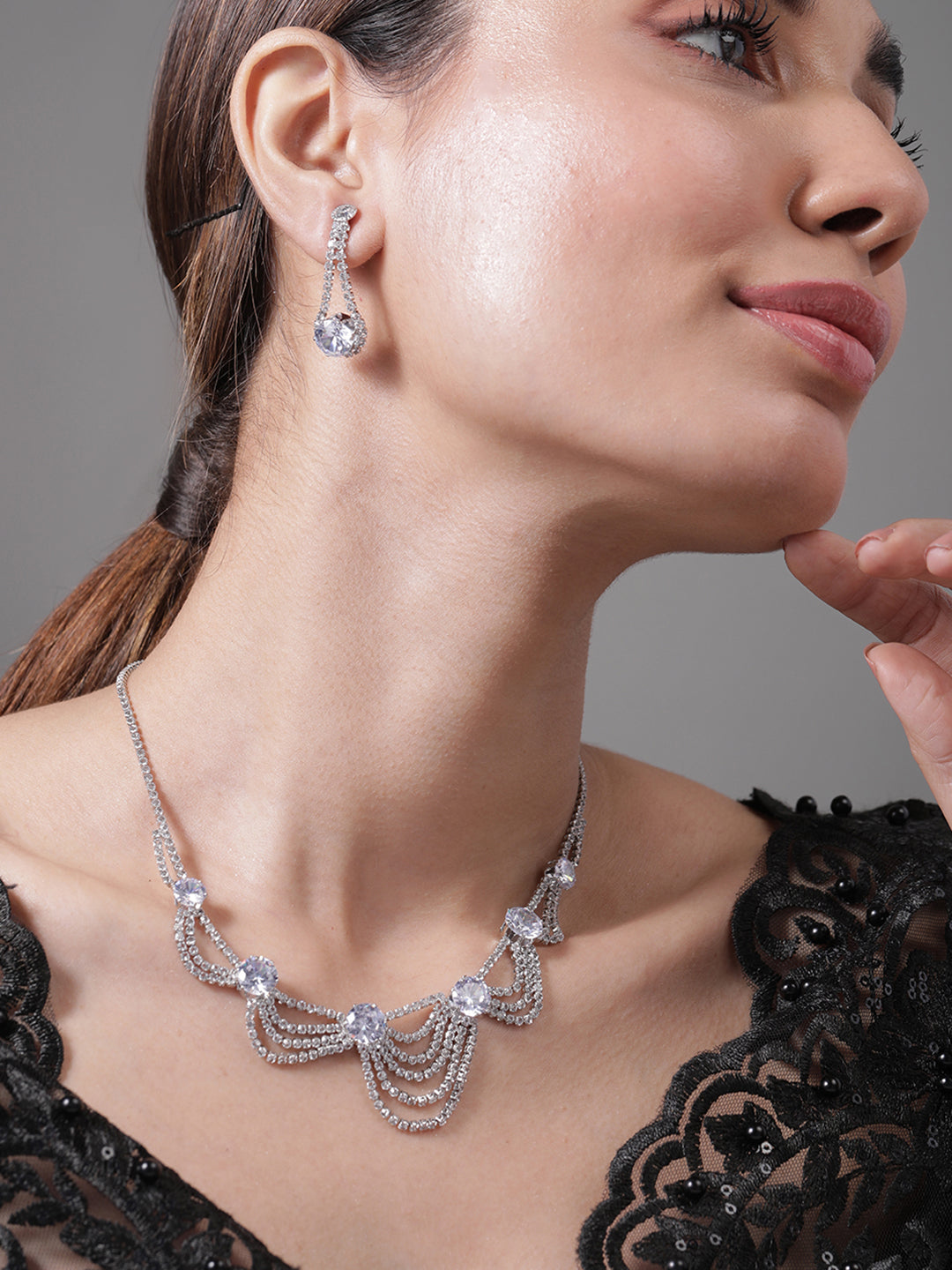 Layered Necklace Set in American Diamond Zirconia Silver