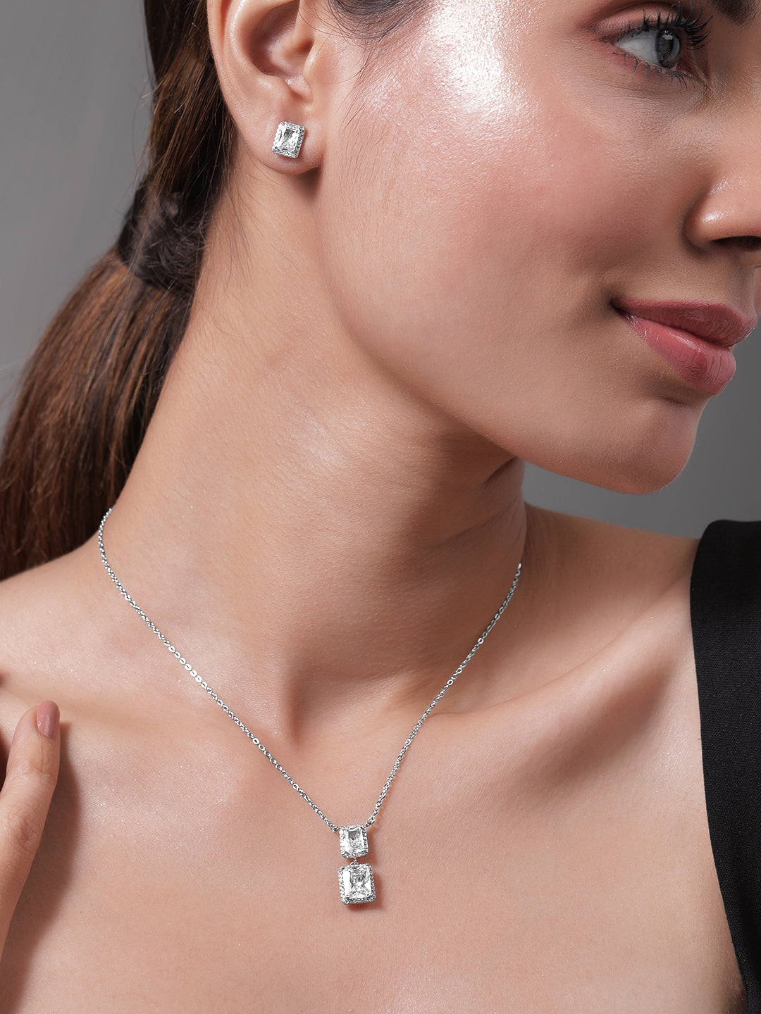 【Rubans】 Rhodium Plated Octo CZ Pendant Set｜ロジウムメッキ オクト ジルコニア ペンダントセット