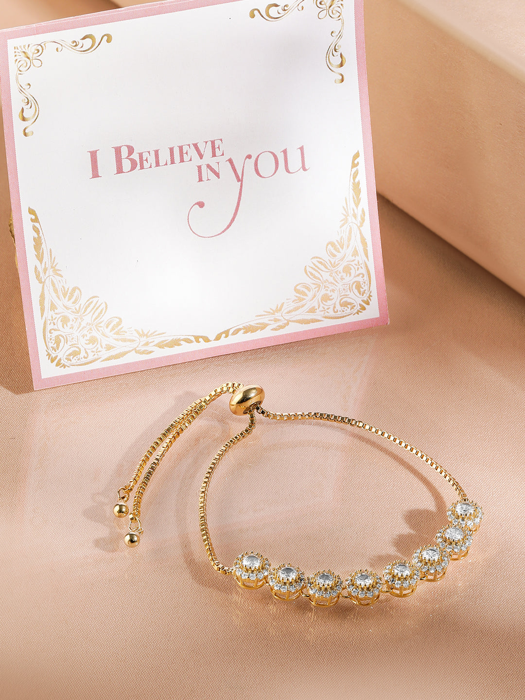 18K Gold Plated Cubic Zirconia Studded Bracelet with Round Charm Accents Gold