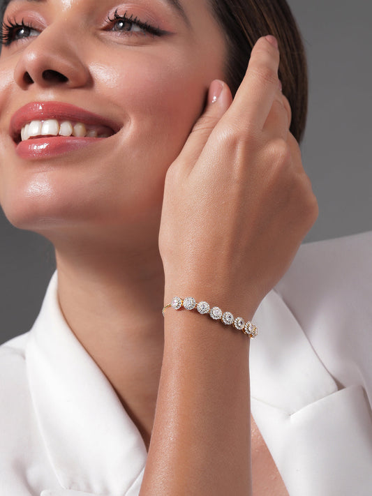 18K Gold Plated Cubic Zirconia Studded Bracelet with Round Charm Accents Gold