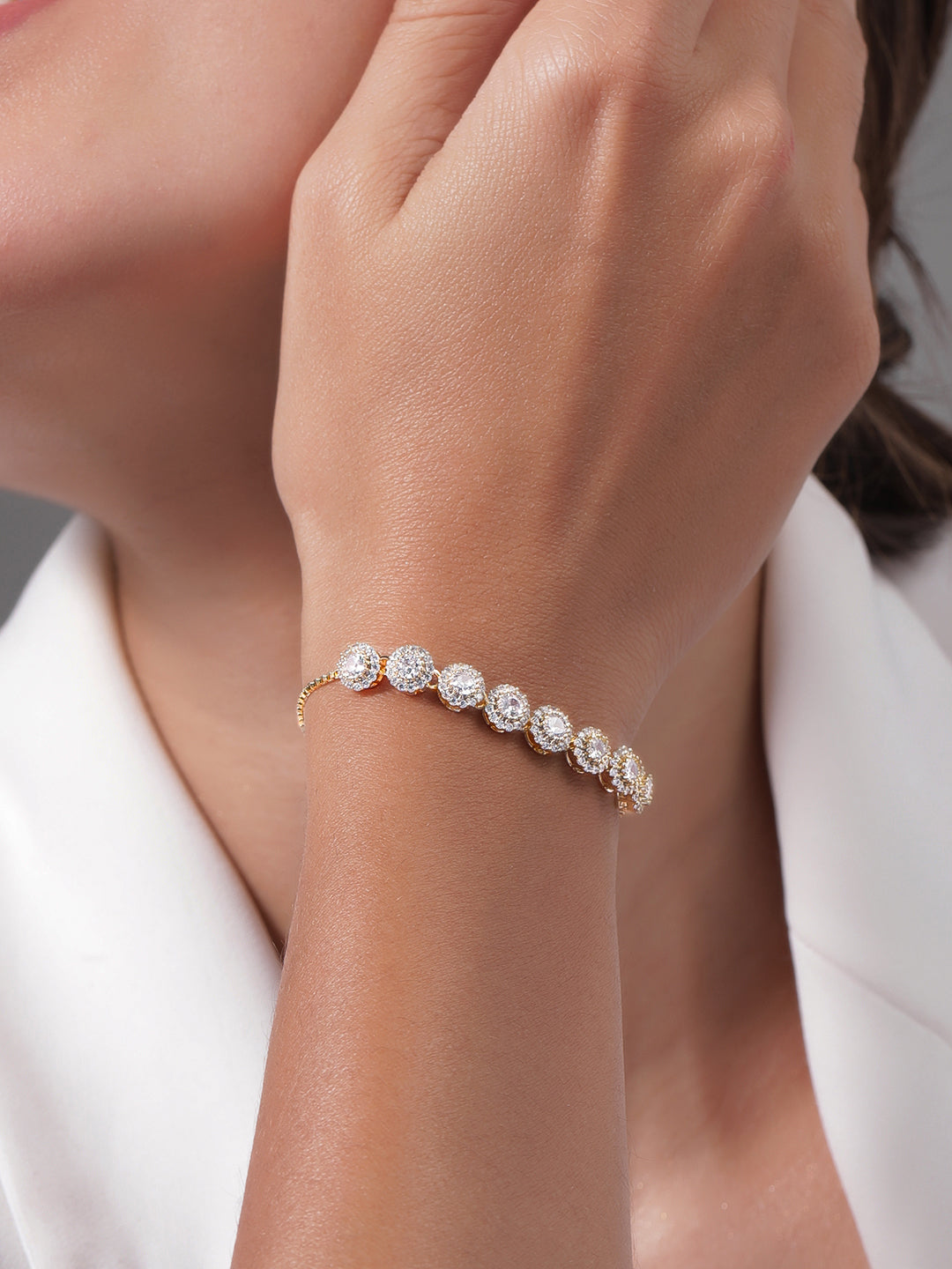 18K Gold Plated Cubic Zirconia Studded Bracelet with Round Charm Accents Gold