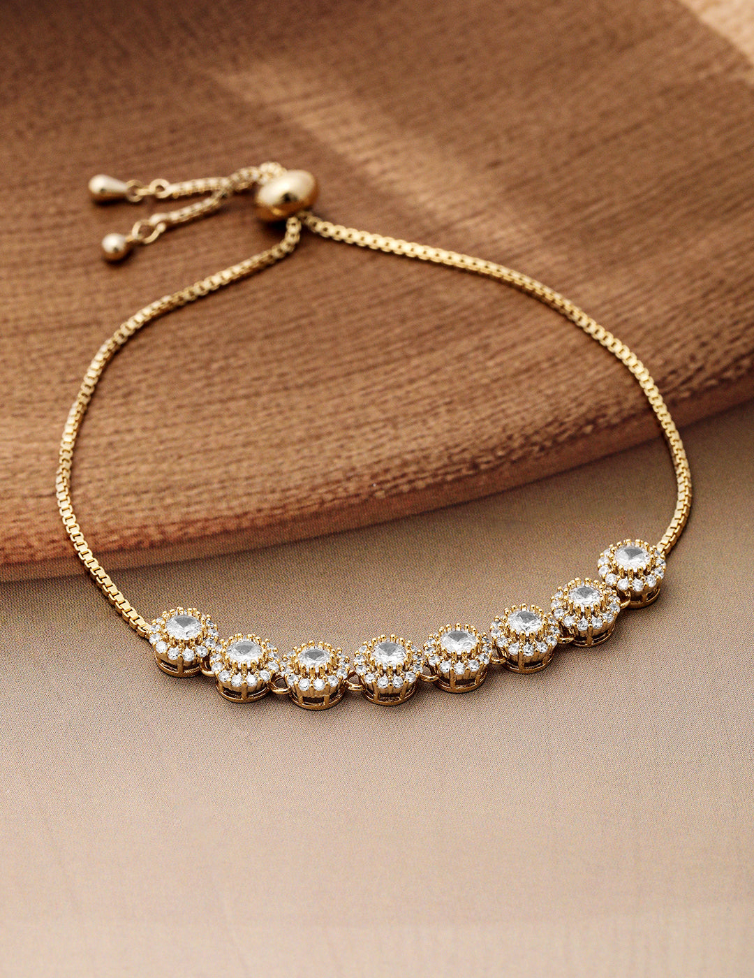 18K Gold Plated Cubic Zirconia Studded Bracelet with Round Charm Accents Gold