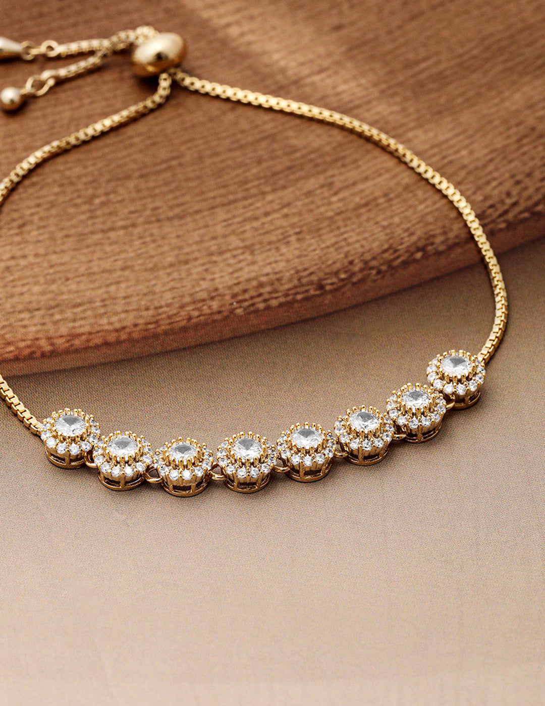 18K Gold Plated Cubic Zirconia Studded Bracelet with Round Charm Accents Gold