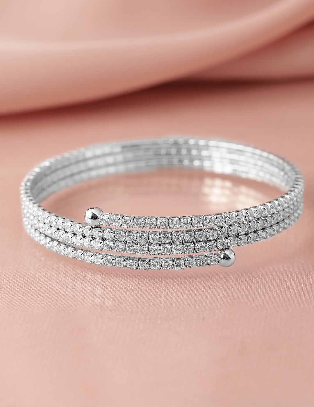 Rubans Rhodium-Plated Cubic Zirconia Studded Triple Line Bangle Style Bracelet Silver