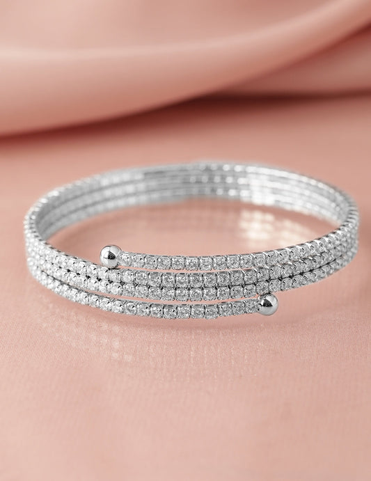 Rubans Rhodium-Plated Cubic Zirconia Studded Triple Line Bangle Style Bracelet Silver