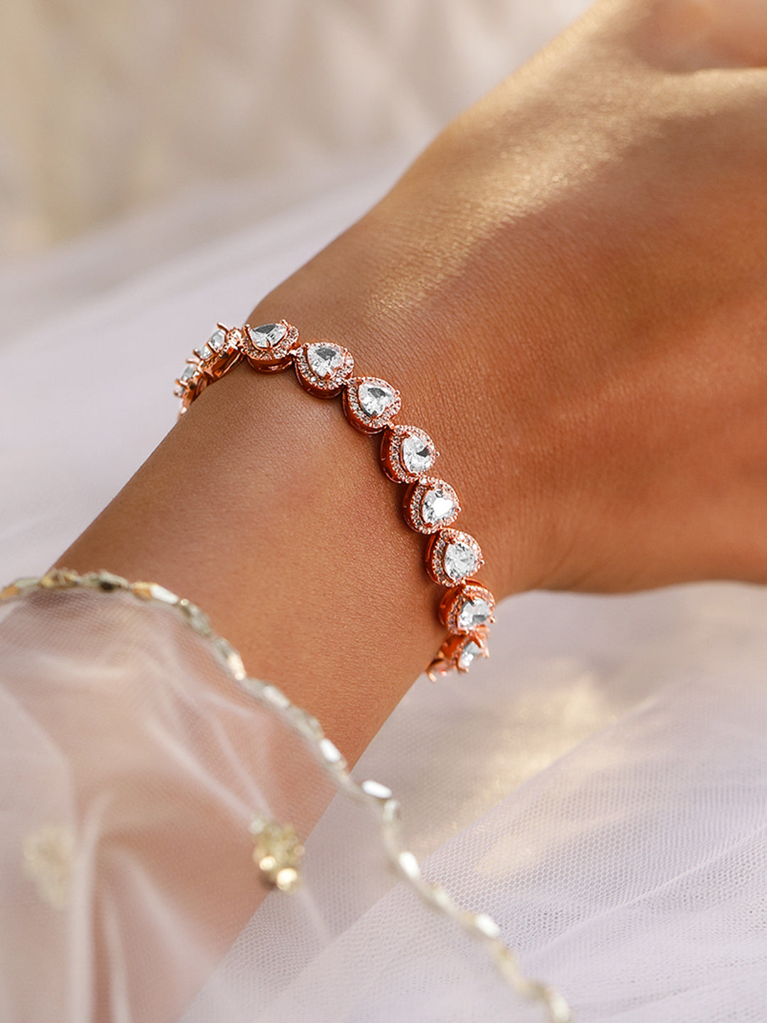 Rubans 18K Rose Gold-Plated AAA Cubic Zirconia Studded Heart Tennis Bracelet Rose Gold