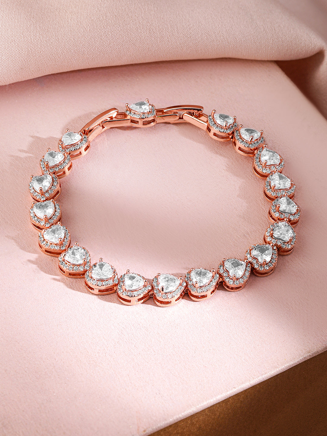 Rubans 18K Rose Gold-Plated AAA Cubic Zirconia Studded Heart Tennis Bracelet Rose Gold