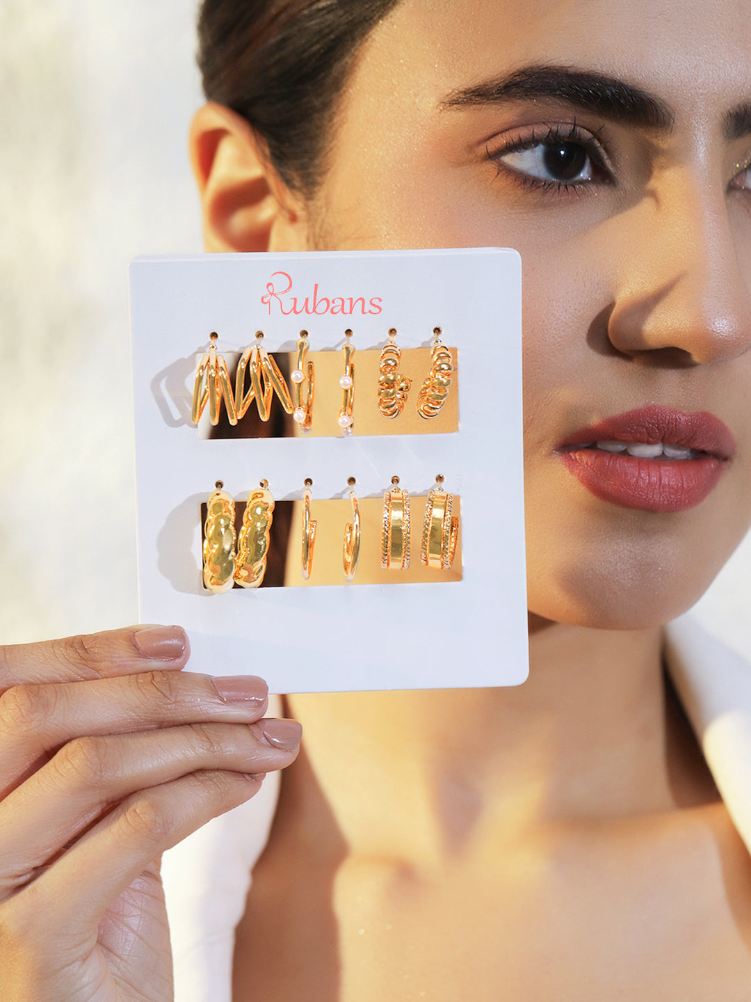 Pack of 6 Gold Toned Hoop Earrings フリーサイズ