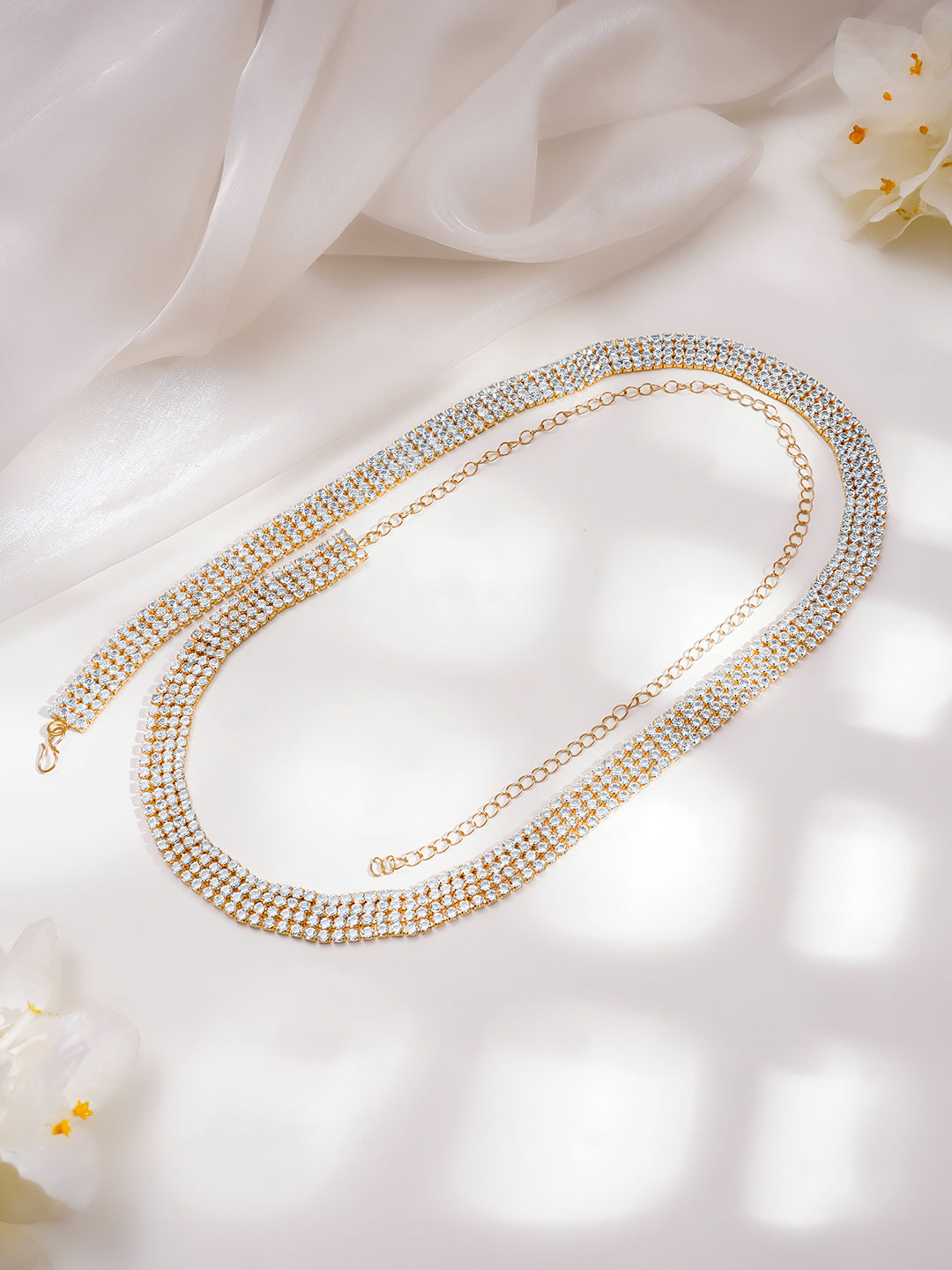 Rubans 18K Gold Plated Brass Cubic Zirconia Studded Waist Belt フリーサイズ