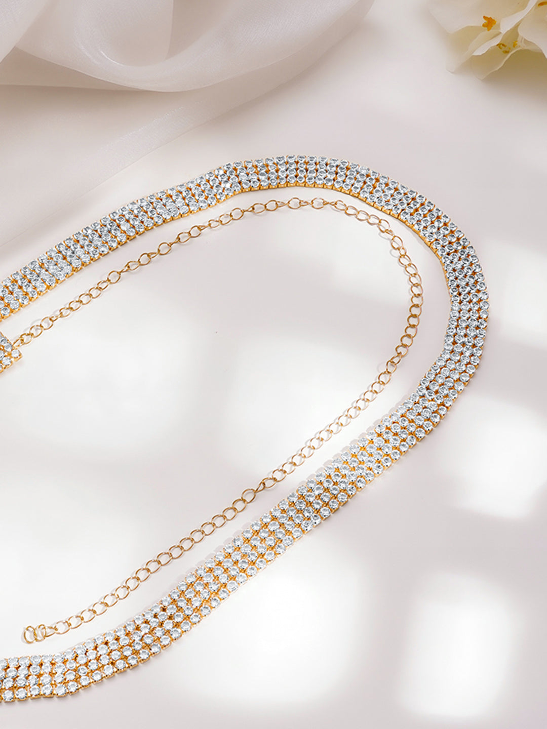 Rubans 18K Gold Plated Brass Cubic Zirconia Studded Waist Belt フリーサイズ