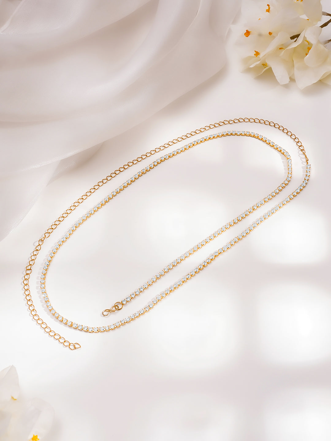 Rubans 18K Gold Plated Brass Cubic Zirconia Studded Sleek Waist Belt フリーサイズ