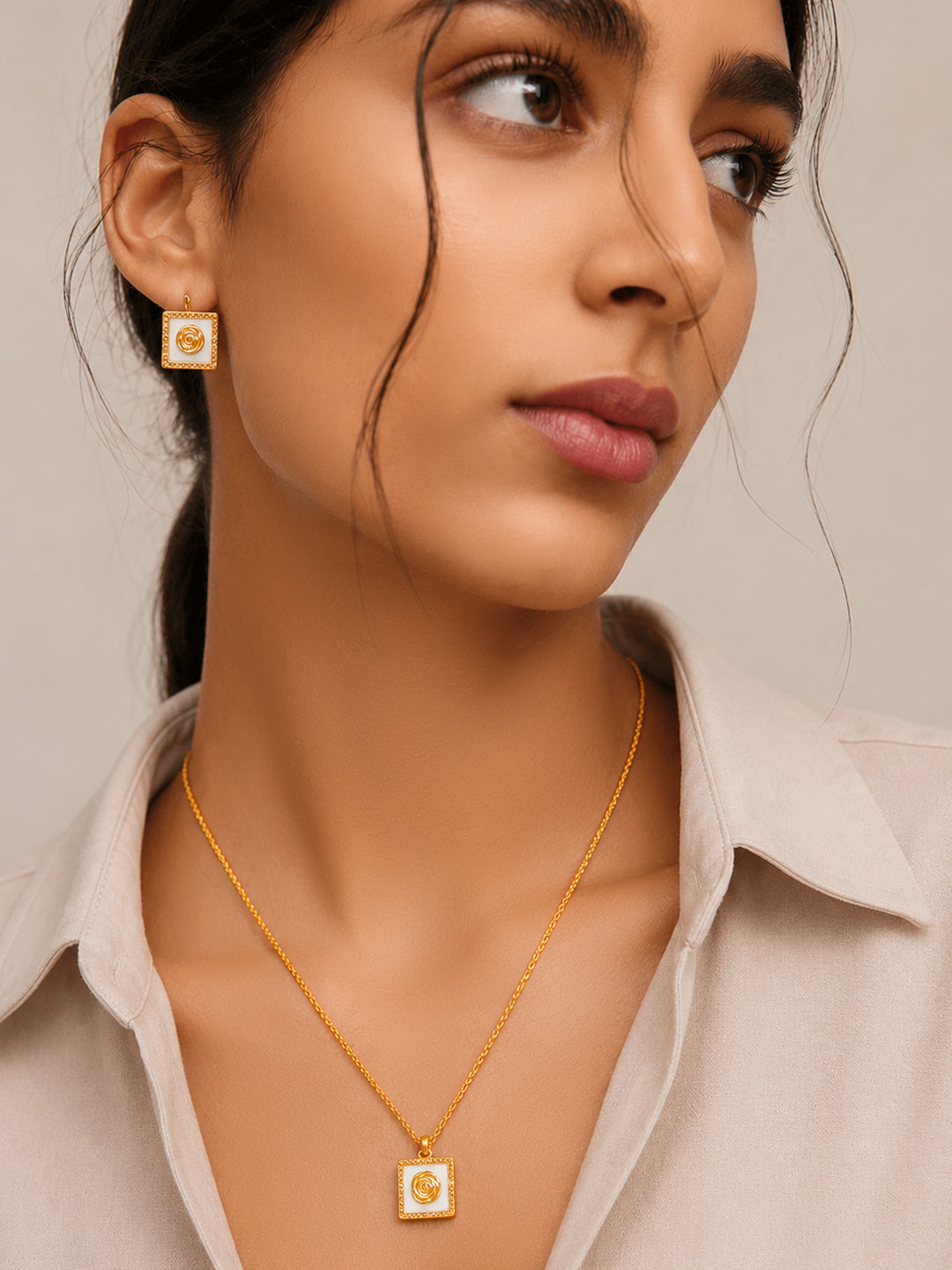 Demi Fine 18K Gold Plated Stainless Steel Enamel Rose Necklace Set Necklace Length - 44.5 cm