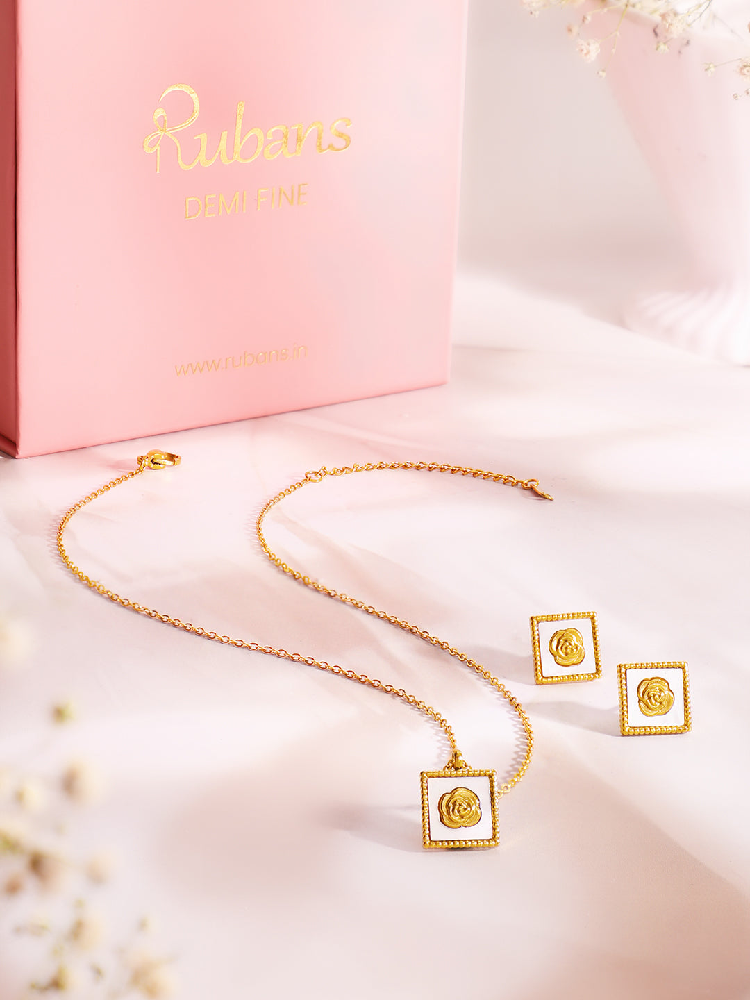 Demi Fine 18K Gold Plated Stainless Steel Enamel Rose Necklace Set Necklace Length - 44.5 cm