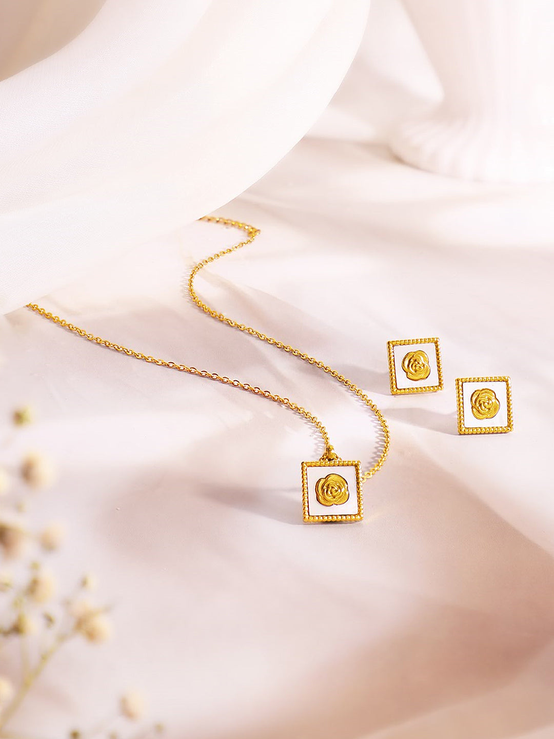 Demi Fine 18K Gold Plated Stainless Steel Enamel Rose Necklace Set Necklace Length - 44.5 cm