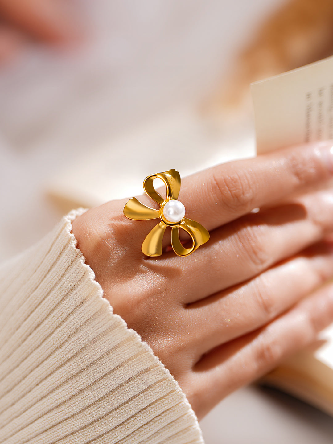 Demi Fine 18K Gold Plated Stainless steel Pearl Bow Statement Ring Length - Adjustable