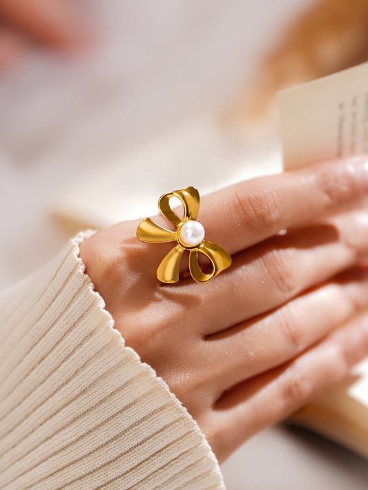 Demi Fine 18K Gold Plated Stainless steel Pearl Bow Statement Ring Length - Adjustable