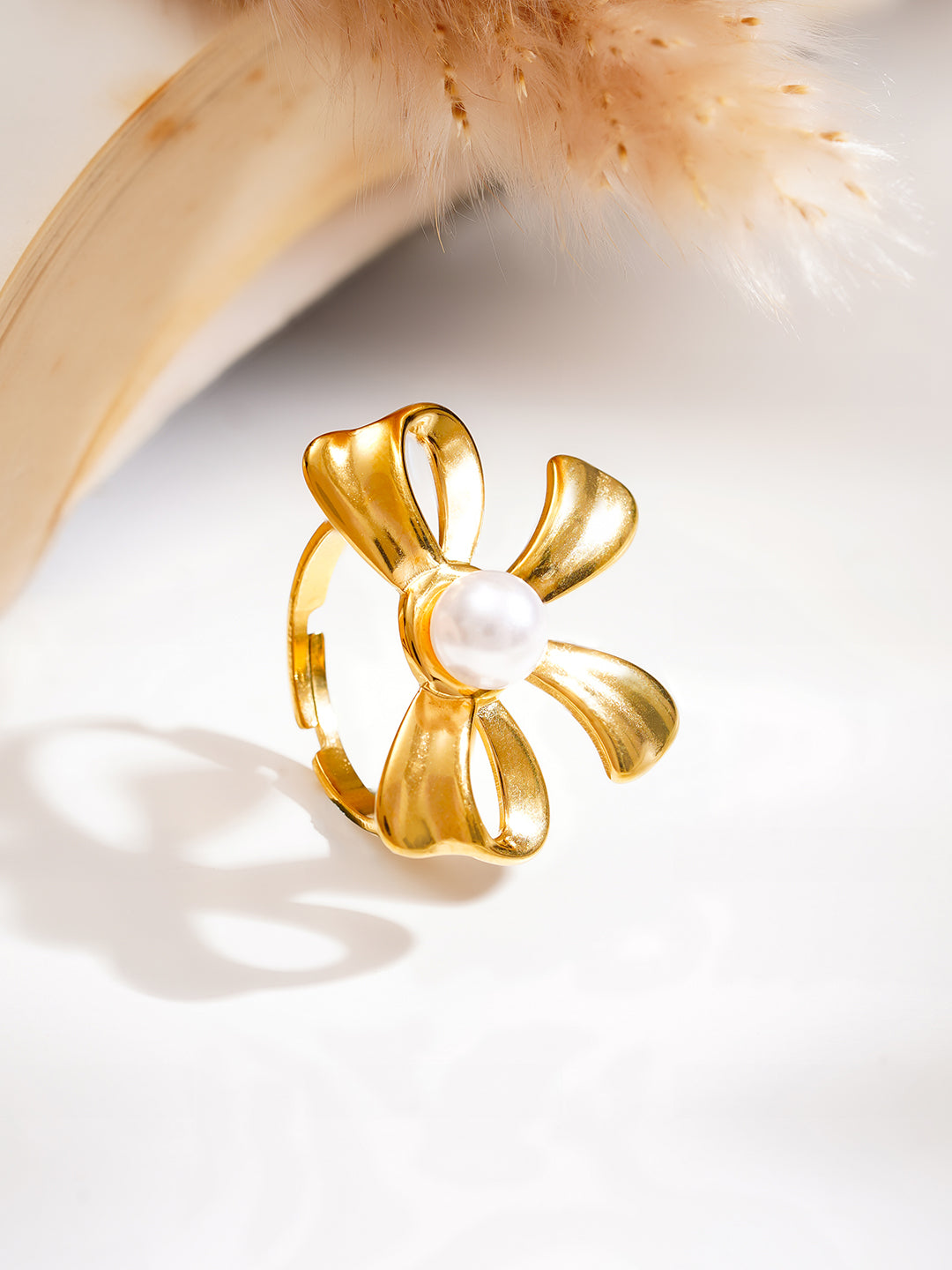 Demi Fine 18K Gold Plated Stainless steel Pearl Bow Statement Ring Length - Adjustable