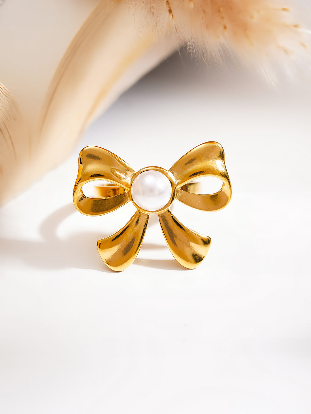 Demi Fine 18K Gold Plated Stainless steel Pearl Bow Statement Ring Length - Adjustable