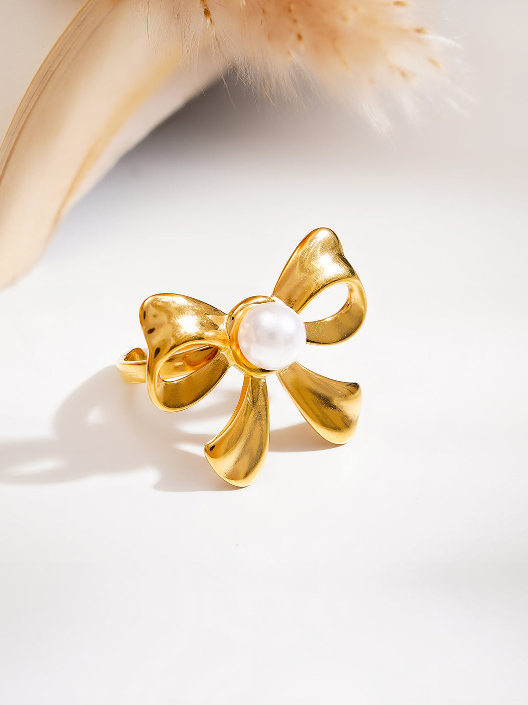 Demi Fine 18K Gold Plated Stainless steel Pearl Bow Statement Ring Length - Adjustable