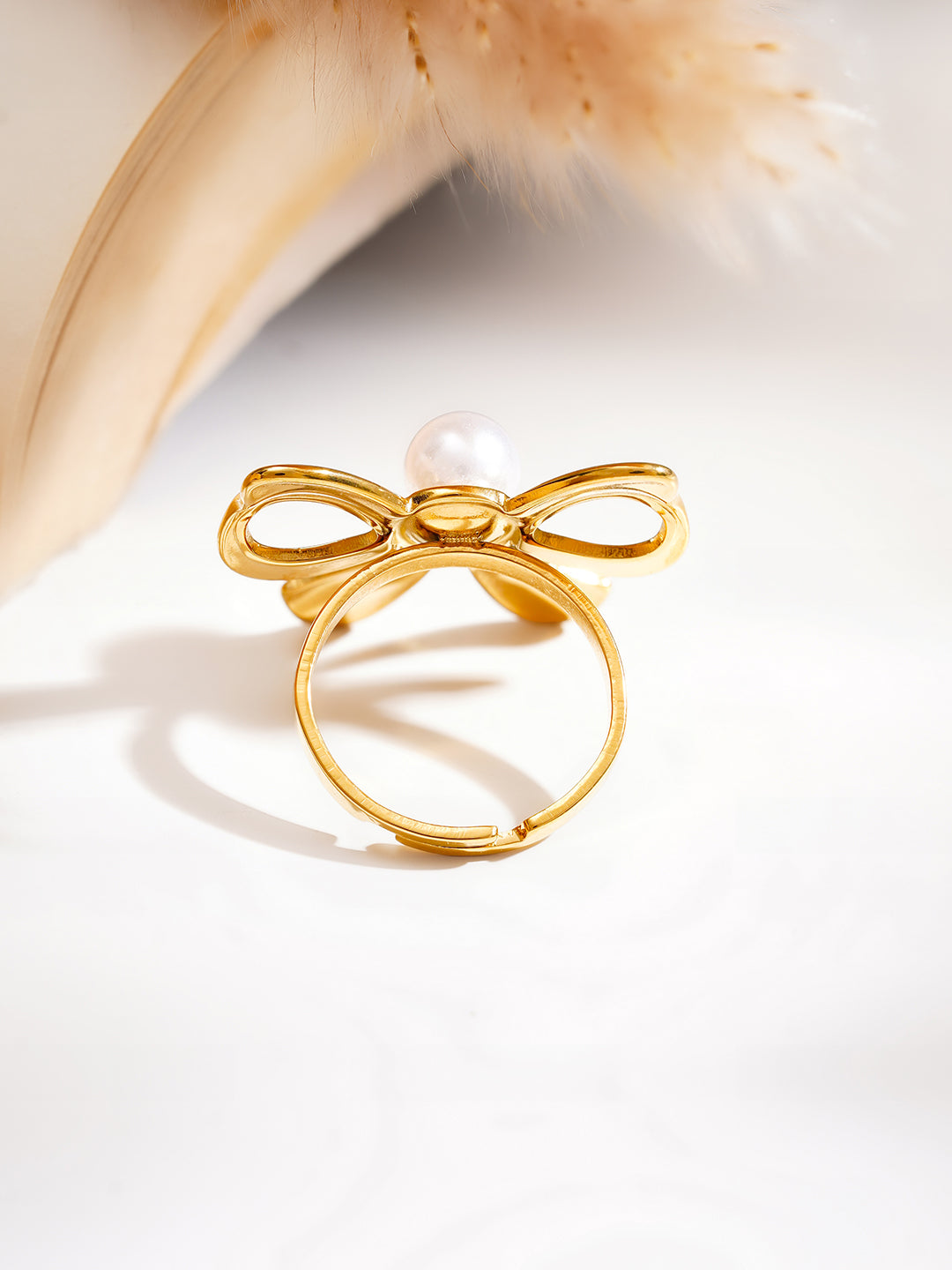 Demi Fine 18K Gold Plated Stainless steel Pearl Bow Statement Ring Length - Adjustable