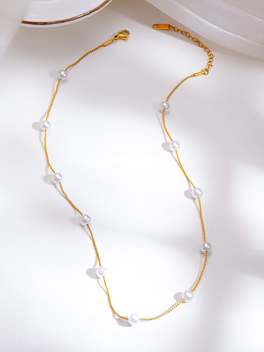 Demi Fine 18K Gold Plated Stainless Steel Pearl Beaded Chain Necklace フリーサイズ