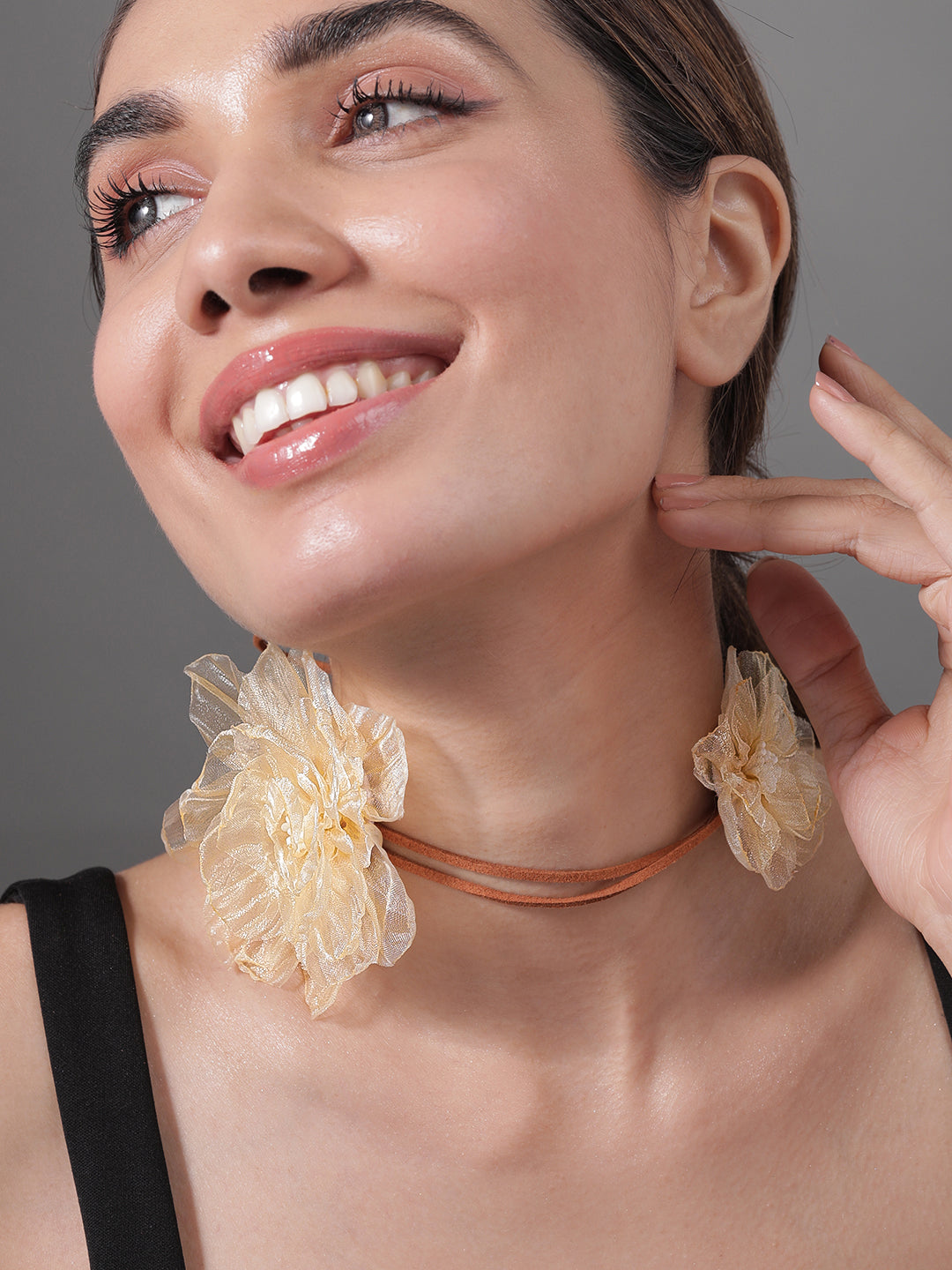 Delicately Graceful Pink Floral Statement Necklace Beige