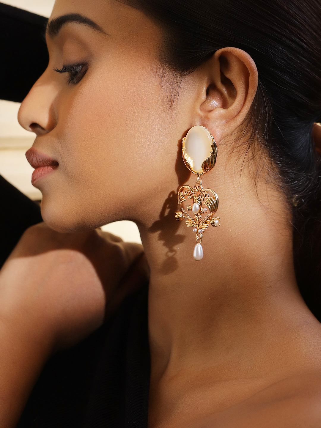 Elegant Pearl & Stone Vintage Filigree Danglers Gold