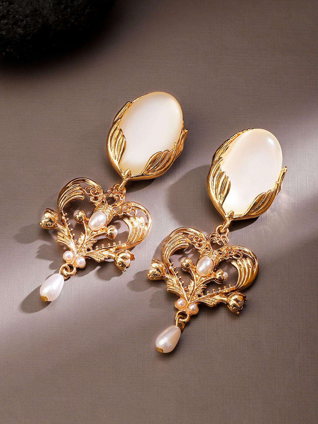 Elegant Pearl & Stone Vintage Filigree Danglers Gold