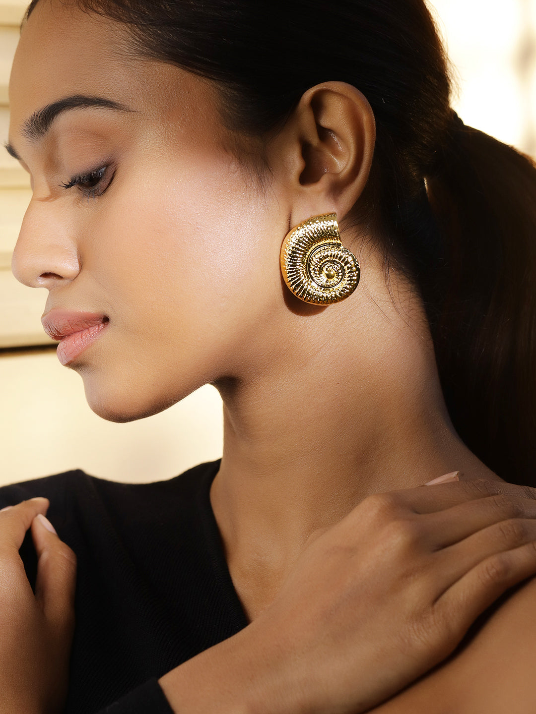 Gold Textured Seashell Spiral Stud Earrings Gold