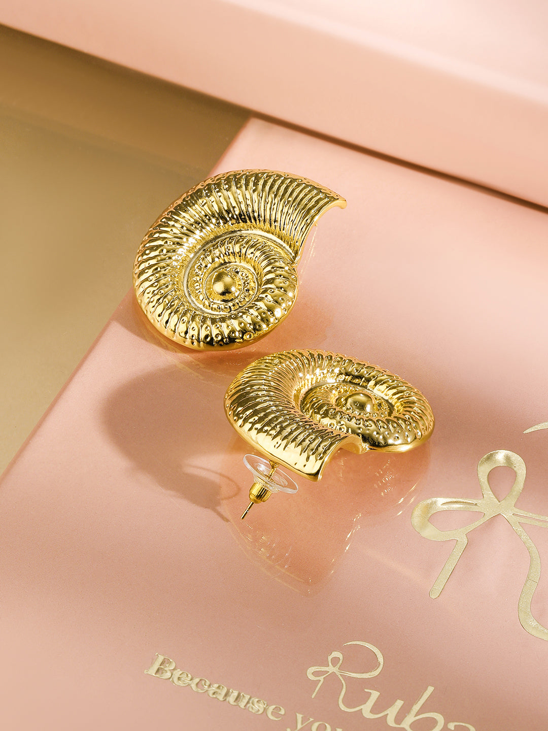 Gold Textured Seashell Spiral Stud Earrings Gold