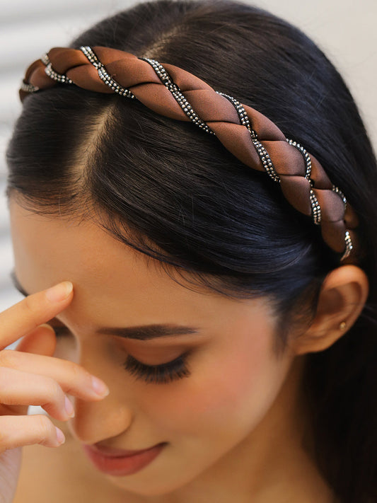 Braided Brown Studded Satin Headband フリーサイズ
