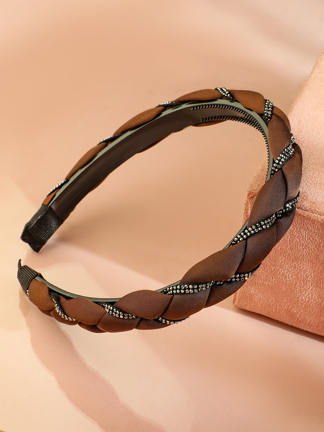 Braided Brown Studded Satin Headband フリーサイズ
