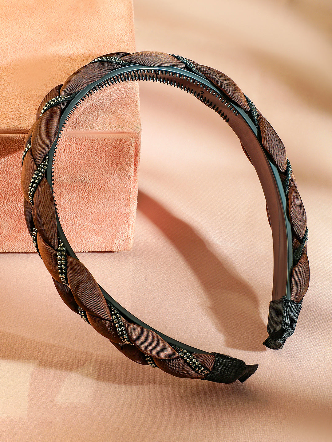 Braided Brown Studded Satin Headband フリーサイズ