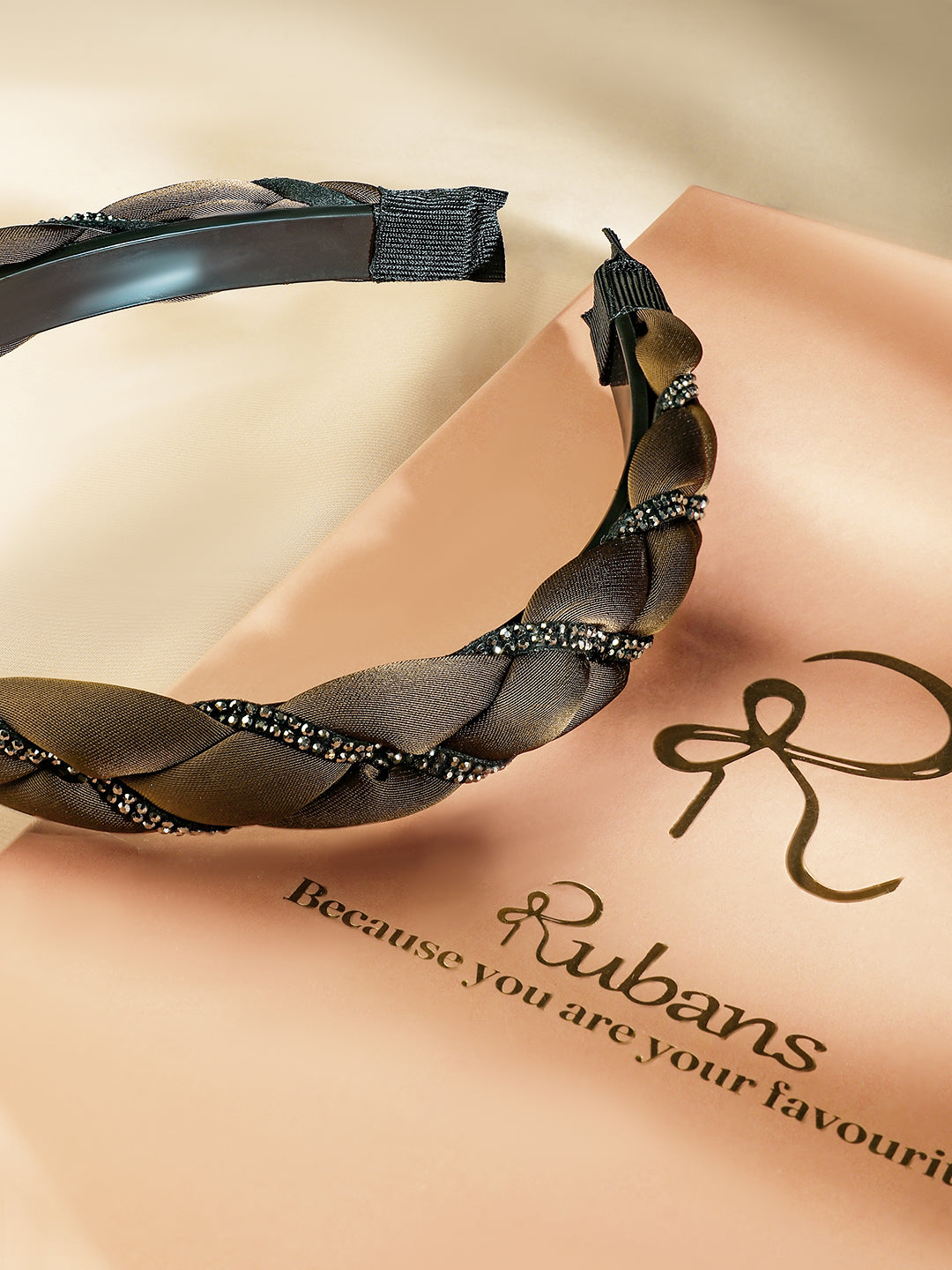 Braided Brown Studded Satin Headband フリーサイズ