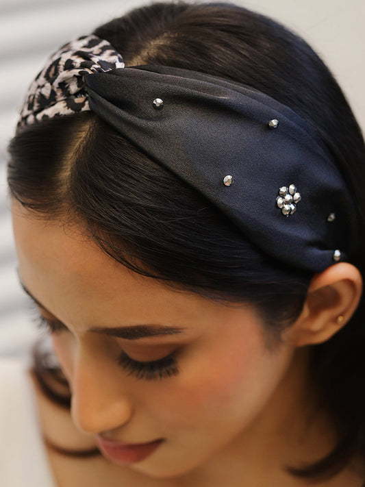 Rubans Black & Leopard Print Twisted Headband with Embellished Crystal Detailing フリーサイズ