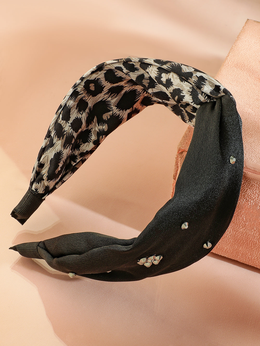 Rubans Black & Leopard Print Twisted Headband with Embellished Crystal Detailing フリーサイズ