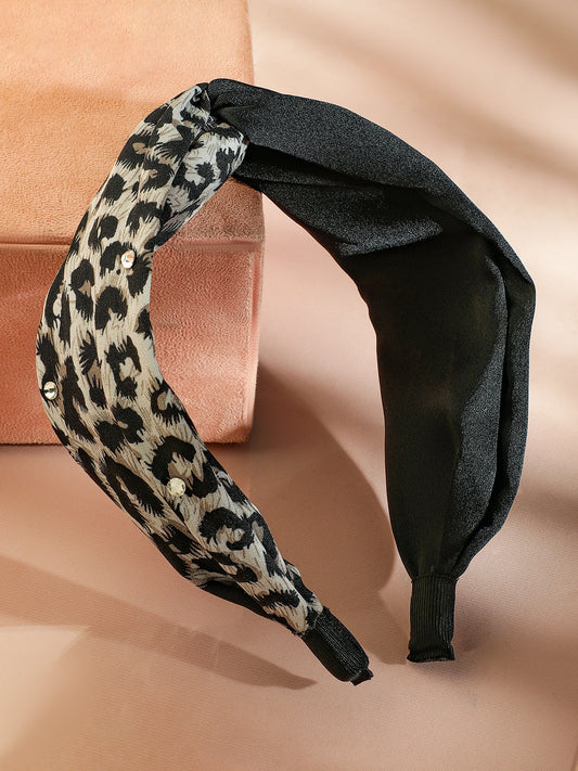 Rubans Black & Leopard Print Twisted Headband with Embellished Crystal Detailing フリーサイズ