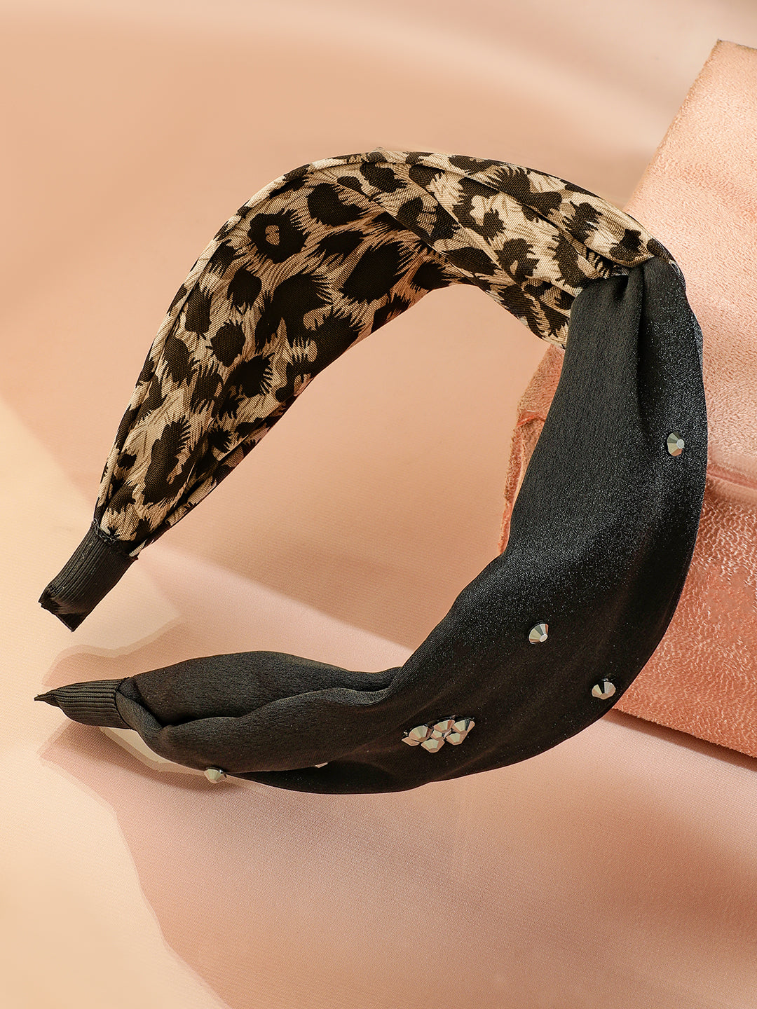 【Rubans】 Brown & Leopard Print Twisted Headband with Embellished Crystal Detailing｜ブラウン＆レオパード柄 ツイスト ヘアバンド（クリスタル装飾）