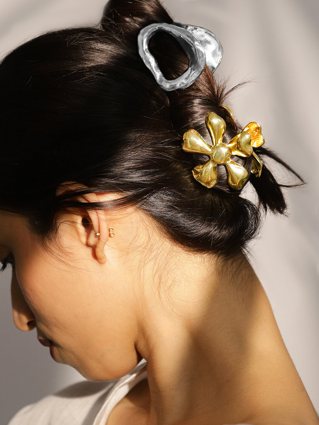 Floral Gold & Abstract Silver Hair Clips Dual Tone