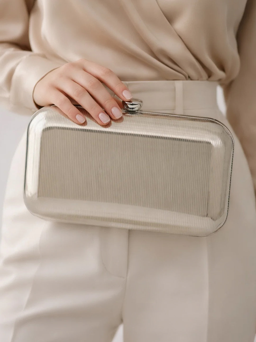 Silver Ribbed Metallic Texture Box Clutch フリーサイズ