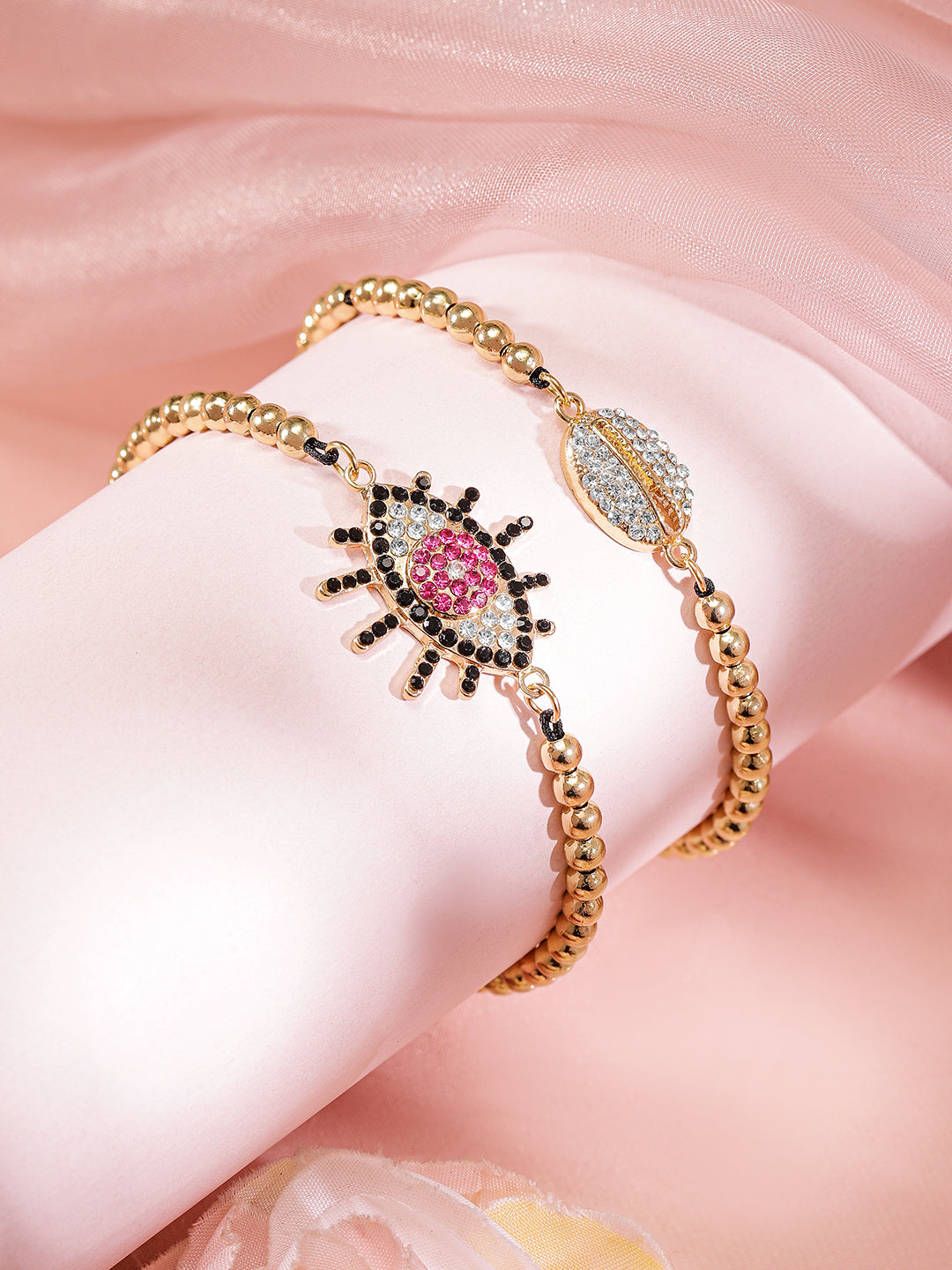 Rubans Set of 2, 18K Gold-Plated Evil Eye & Cowrie Shell Motif Bracelets Gold