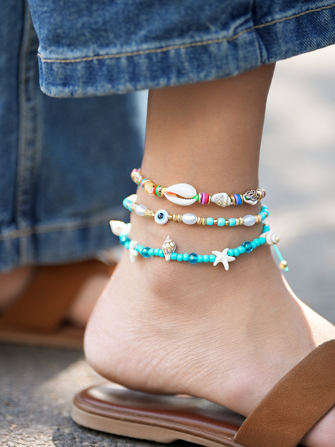 【Rubans】 Set of 3 Adjustable Cord Anklets in Aqua & Multicolor with Shell Beads & Evil Eye｜アジャスタブル コードアンクレット 3本セット アクア＆マルチカラー（シェルビーズ＆イービルアイ）｜フリーサイズ