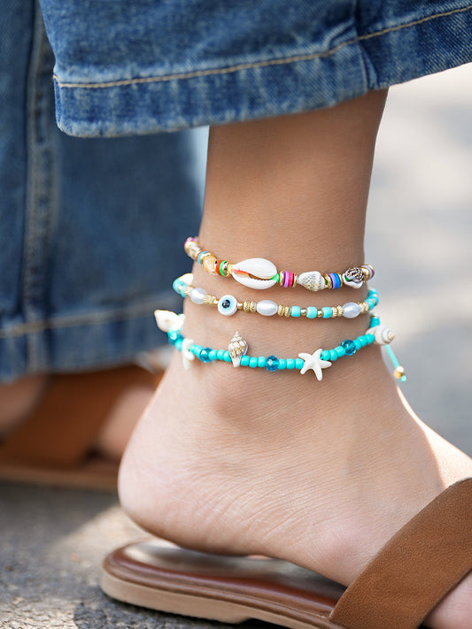 【Rubans】 Set of 3 Adjustable Cord Anklets in Aqua & Multicolor with Shell Beads & Evil Eye｜アジャスタブル コードアンクレット 3本セット アクア＆マルチカラー（シェルビーズ＆イービルアイ）｜フリーサイズ