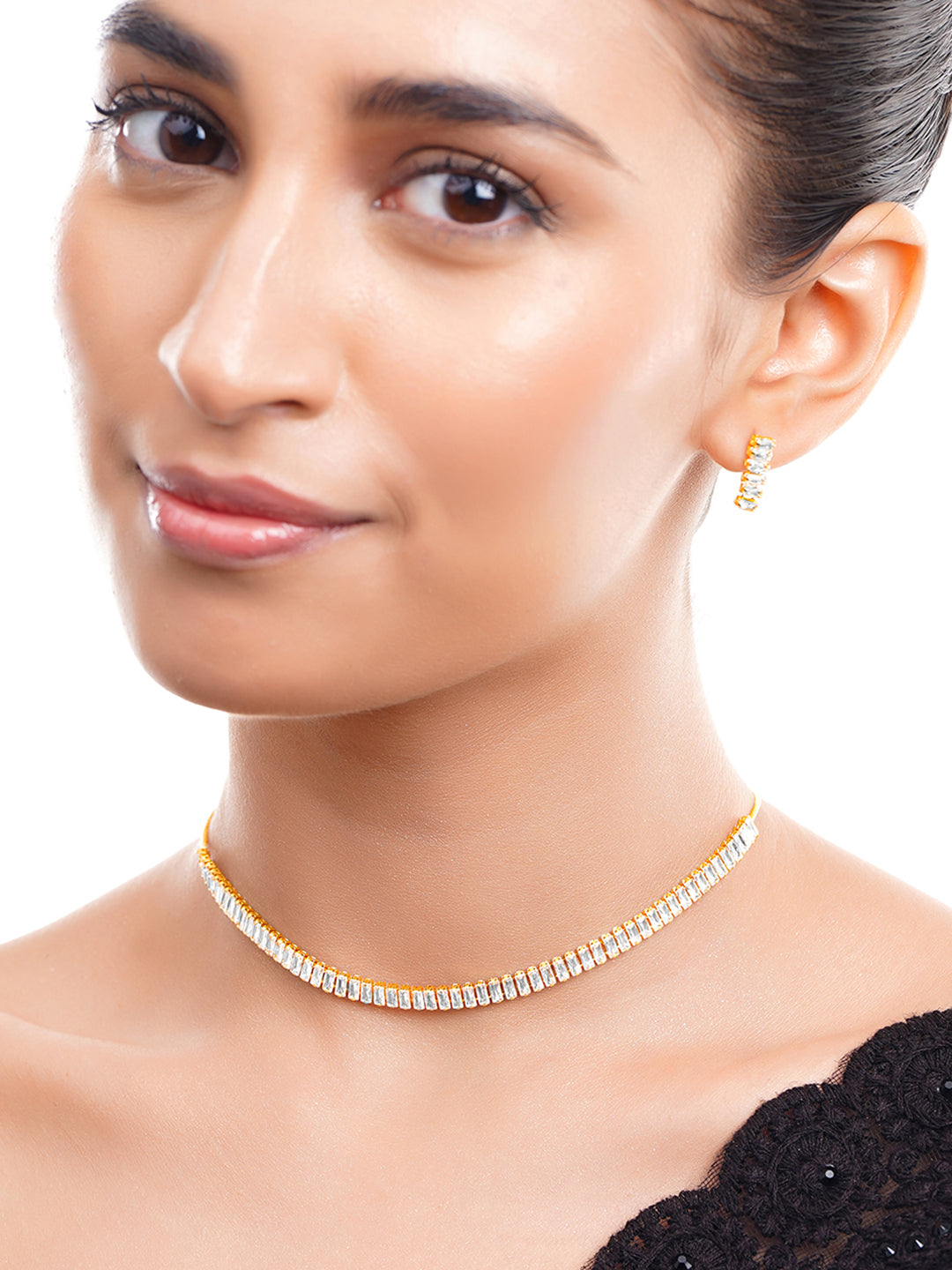 【Rubans】 Gold Plated Crystal Baguette Choker Necklace Set｜ゴールドメッキ クリスタル バゲット チョーカー ネックレスセット（引き紐タイプ）